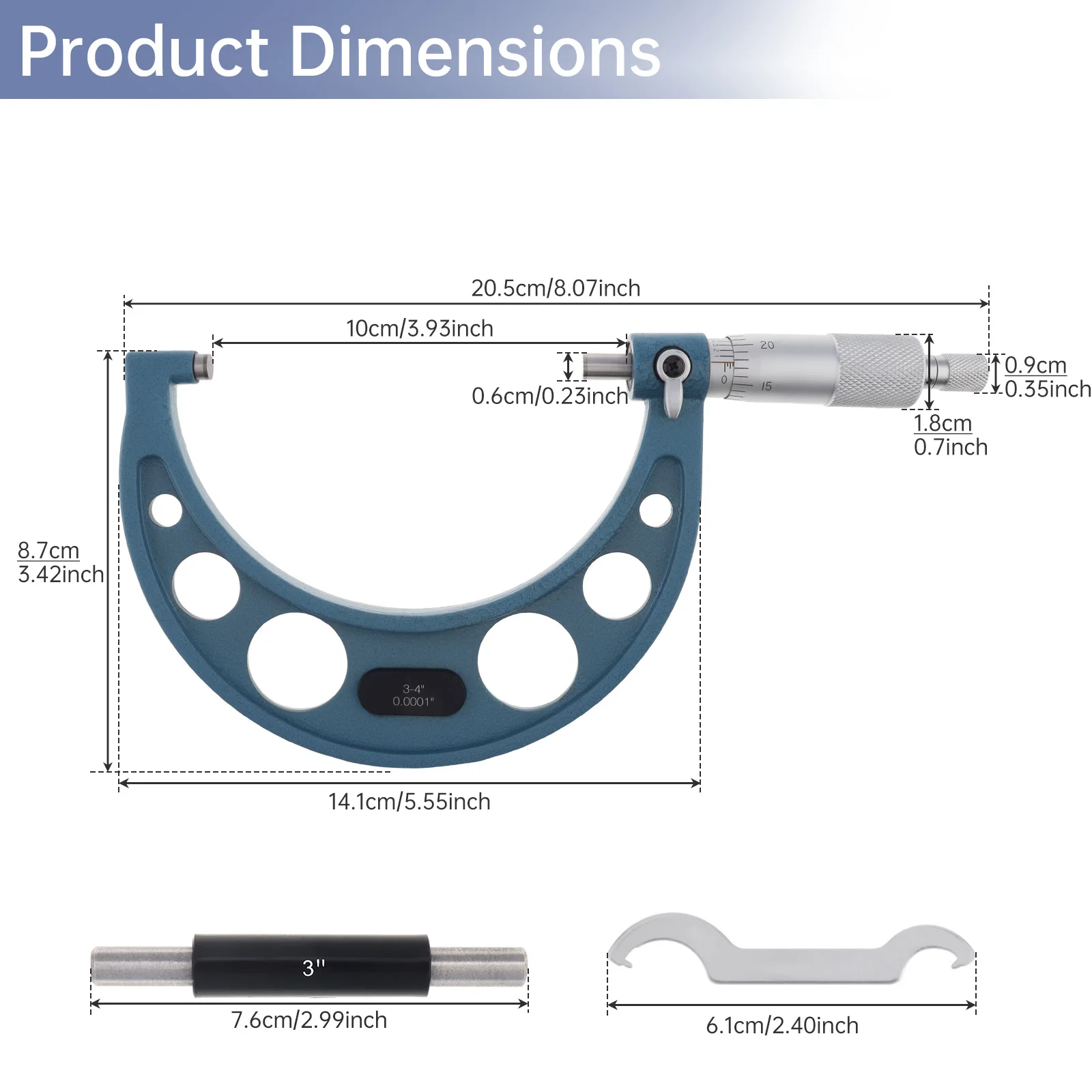 Measuring Range 1-4 inch Resolution 0.0001inch Mechanical Imperial Outside Micrometer,Carbide Tipped Ratchet Stop Measuring Tool