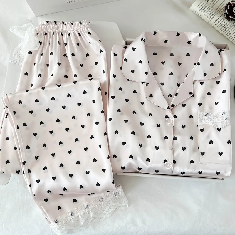 

Ice Silk Pajamas Women's Summer Short-Sleeved Casual Love Lace Edge Loose Pajamas Homewear Short-Sleeved Set of Actual Photos