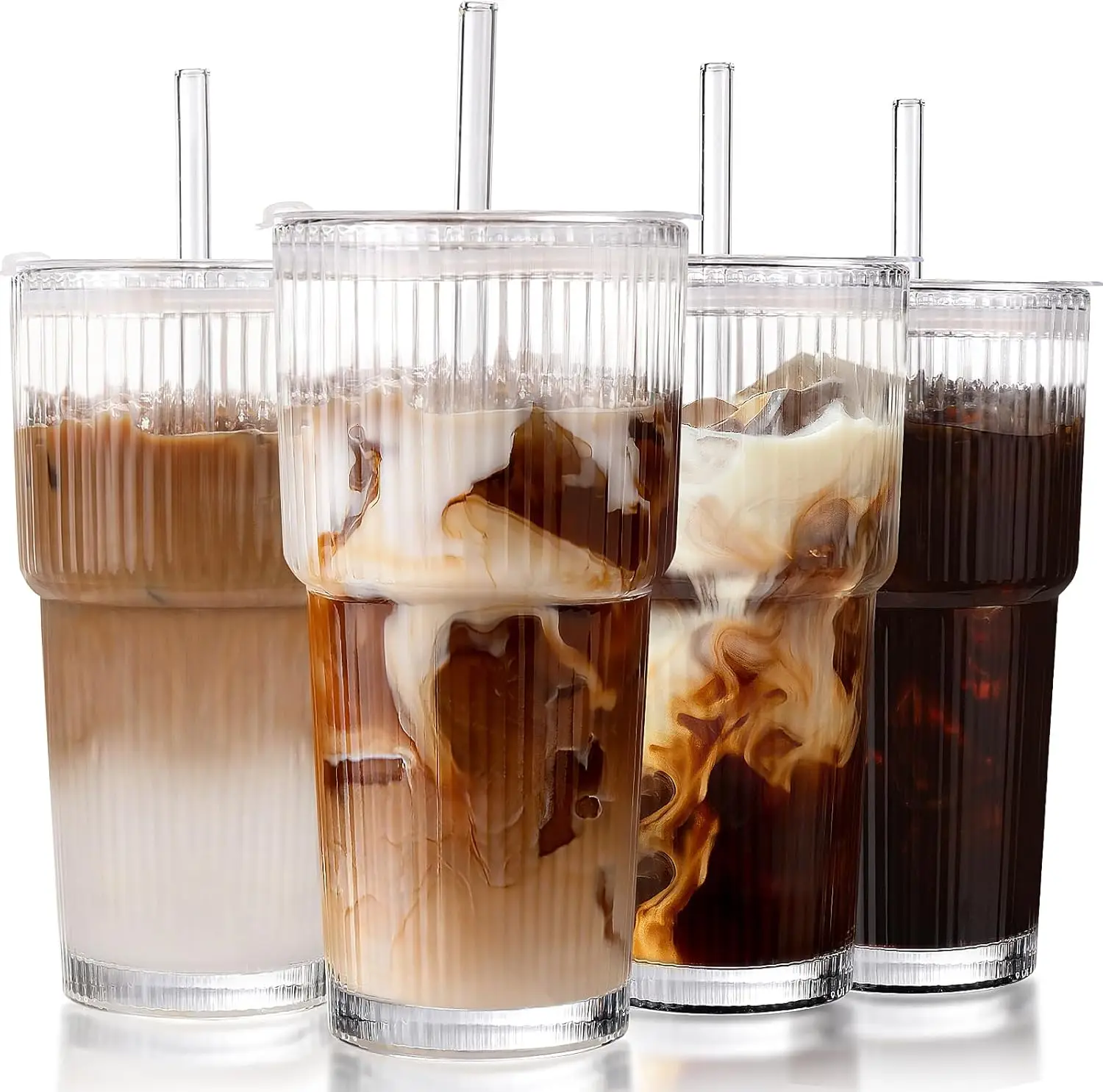 Vaso de vidrio a prueba de fugas de 20 oz con tapa y pajita - Juego de 4 vasos reutilizables para café helado para llevar