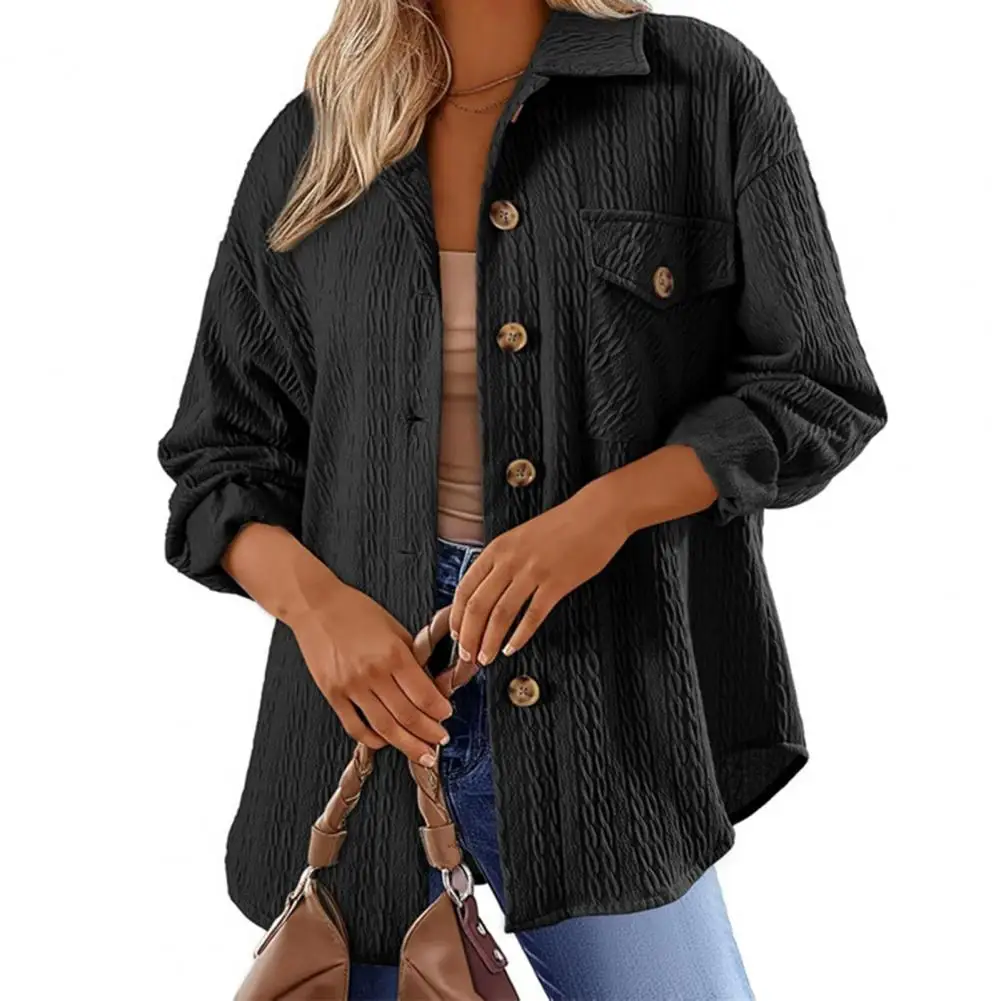 Women Button-down Shirt Stylish Lapel Long Sleeve Shirt Jacket for Women with Flap Pocket Twist Texture Oversized Fit for Wear