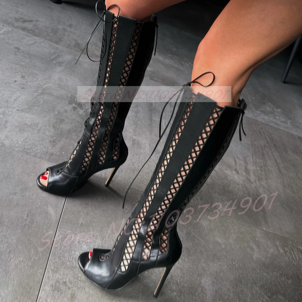 Cutout Mesh Peep Toe Knee High Boots Women Black Leather Lace-Up Zipper Closed High Heels Boots Party Night-out Gladiator Shoes