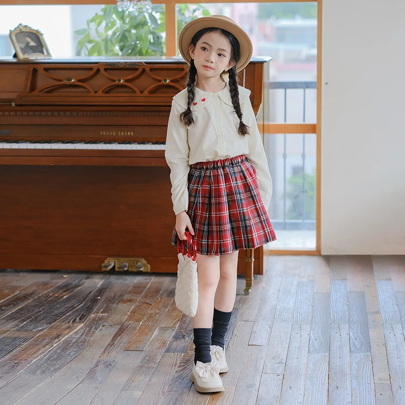 

Ранняя весна-осень 2022, комплект одежды для девочек-подростков, майка с лацканами + клетчатая плиссированная юбка, комплекты для детей, девочек