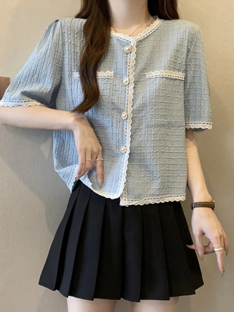 

Summer Short Sleeve Shirts O Neck Single Nreasted Oversized Tops Ruffles Patchwork Blouses Fashion Simple Loose Women's Clothing