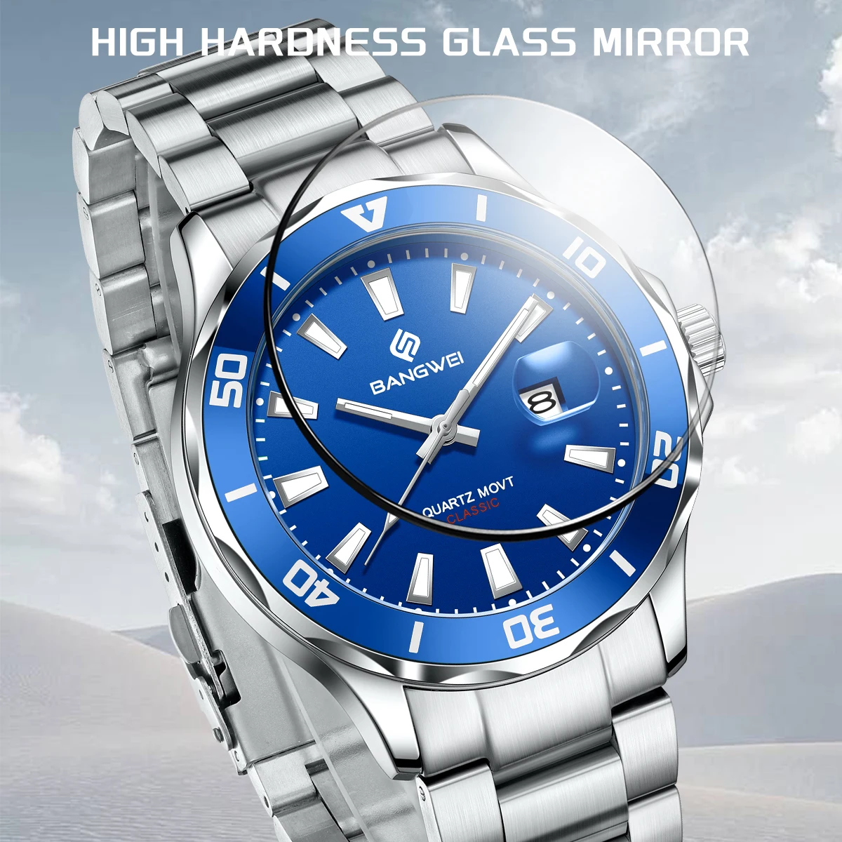 BANGWEI Luxury Men Watch Men's Quartz Watch Stainless Steel Strap 30M Waterproof Watch luminous Dive watch Reloj Hombre +Box