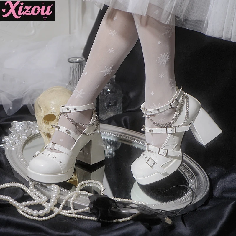 

Original Punk Willow Spike Chain Babes High Heels Y2k Sweet Cool Girl Subculture Lolita Marie Jeans Small Leather Shoes Women