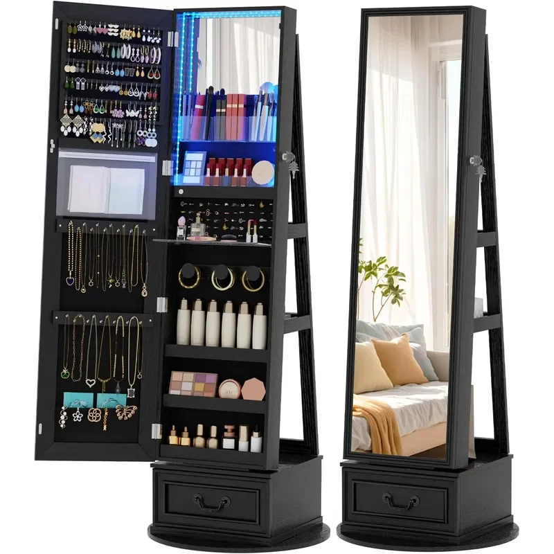 Mirror Jewelry Cabinet Standing with Lights Lockable Swivel Black