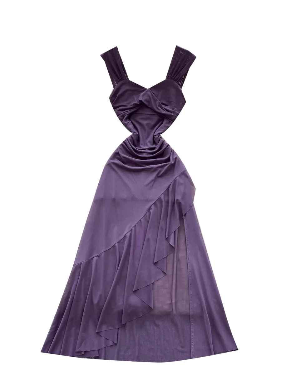 Foamlina Fashion Muse Design Kink Suspender Waist Irregular Ruffle Dress Women's French Mesh Midi Boho Holiday Dresses