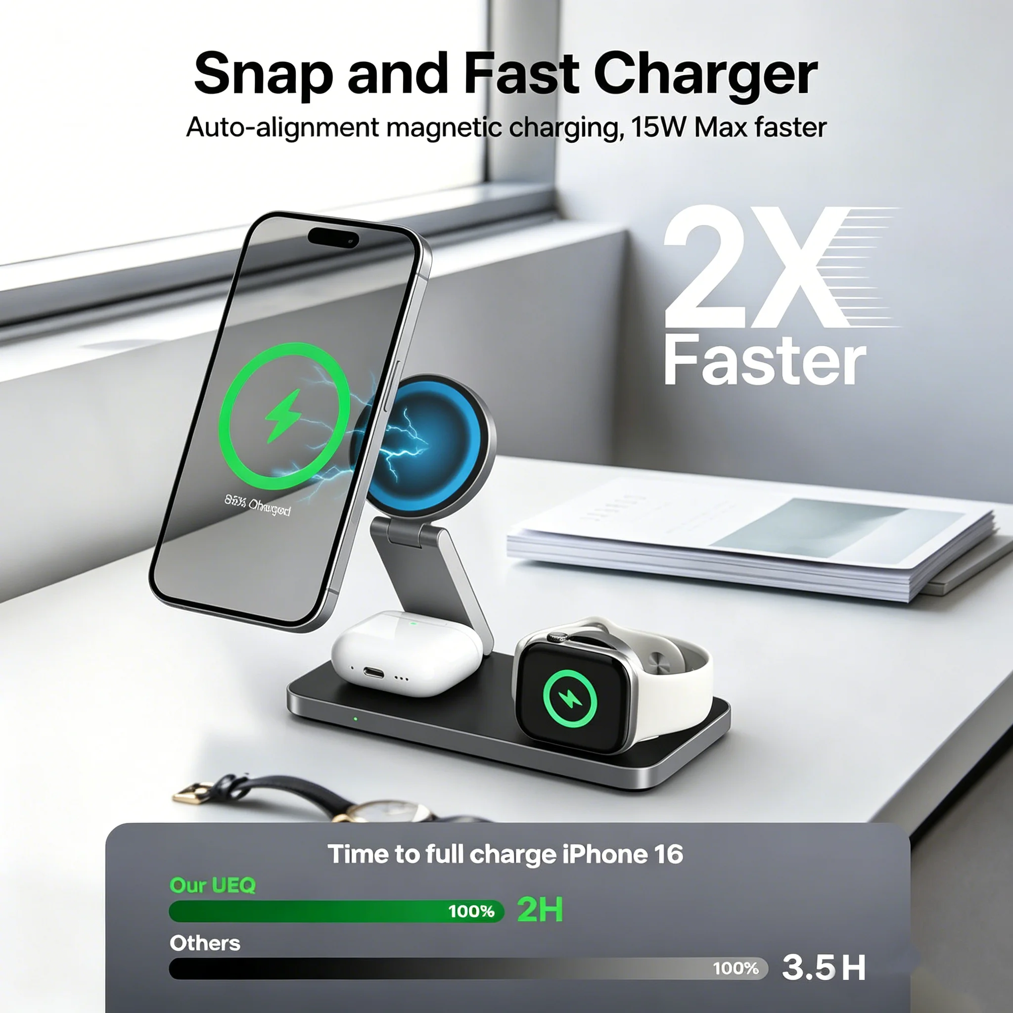 Foldable 3 in 1 Magnetic Wireless Charger For iPhone 17 16 15 14 PRO MAX Apple Watch Airpods Pro Stand Fast Charging Station