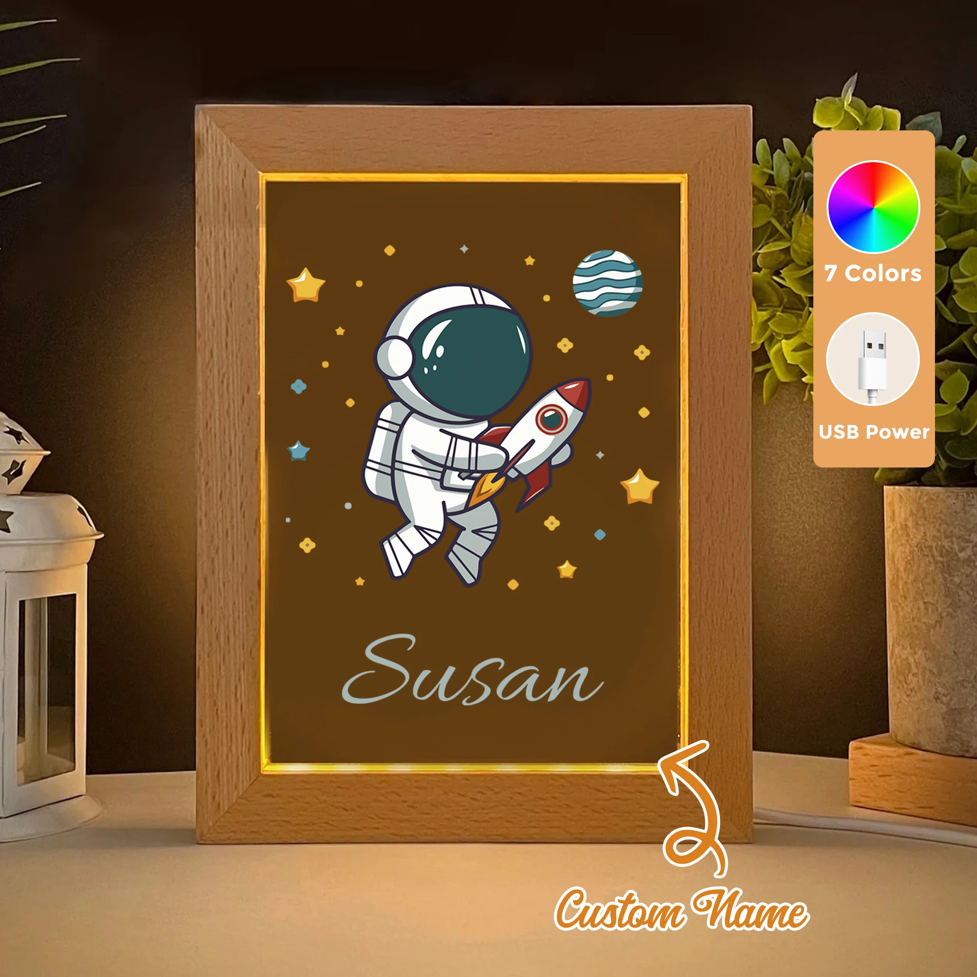 Nome personalizado astronauta foguete led acrílico luz noturna moldura de madeira 21x17cm dos desenhos animados crianças quarto presentes decoração para casa presente