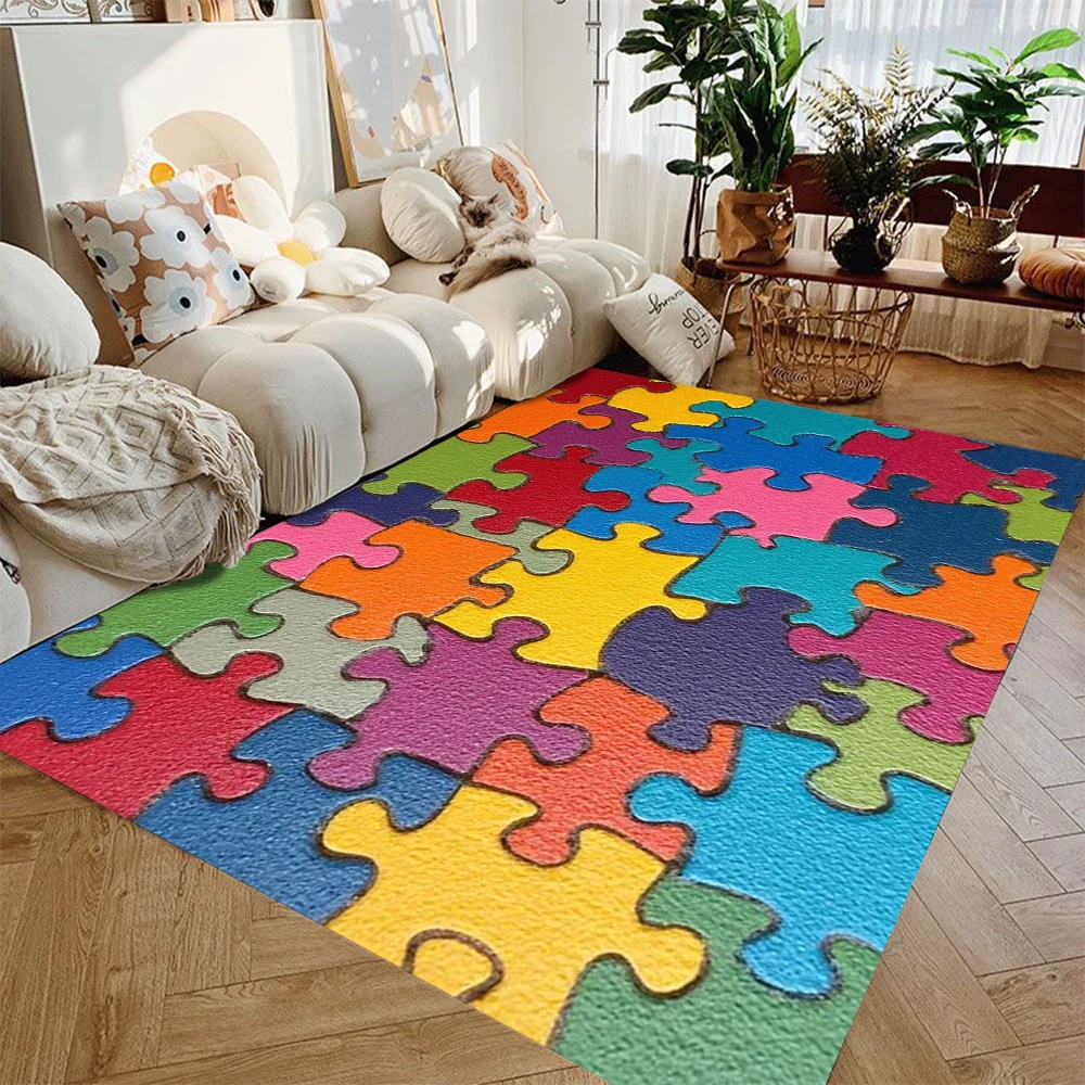 Colorful Puzzle Block Area Carpet Anti Slip Washable Floor Mat Bright Colored Multi-color Puzzle Carpet for Home Decoration