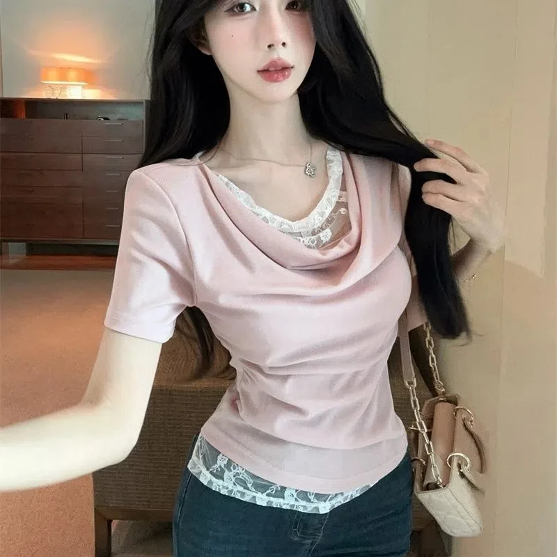 الحلو الدانتيل المرقعة سليم القمم النساء ملابس الصيف جديد قصيرة الأكمام الصلبة غير النظامية الكورية تي شيرت موضة مثير ملابس حريمي