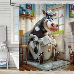 Whimsical Cow on Toilet Shower Curtain - Waterproof, Easy-Clean Fabric with Hooks Included, Perfect for All Seasons