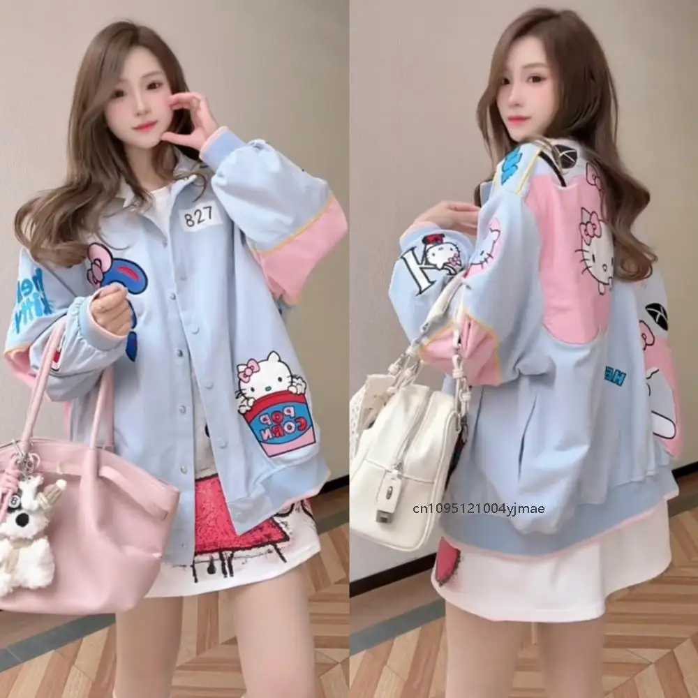 여성용 만화 헬로 키티 자수 자켓 Sanrio 한국어 버전 스타일 패션 트렌드 자켓 여성 느슨한 통근 블루 코트
