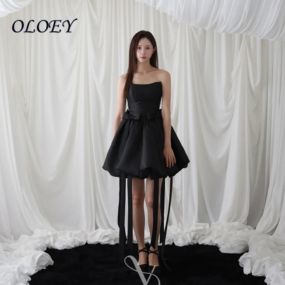 Oloey Customized Black Mini Evening Dress Strapless Bow Long Ribbons Bubble Prom Dress Korean Formal Party Wear Vestidos
