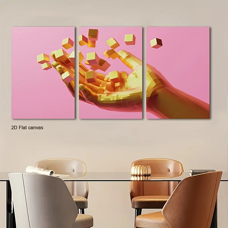 Frameless Canvas 2D Flat, 2D Flat, 2D Flat Set Of Three Low Poly Golden Hand And Cube Wall Art Pieces On A Flat Canvas, Fram