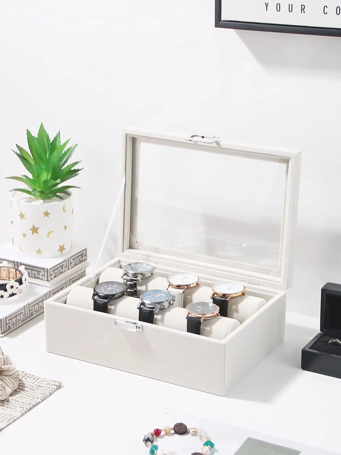 Bracelet Holder Organizer Box, Jewelry Storage Case with 2 Rods, Bangle Watch Display Tray for Women Girls (Beige)