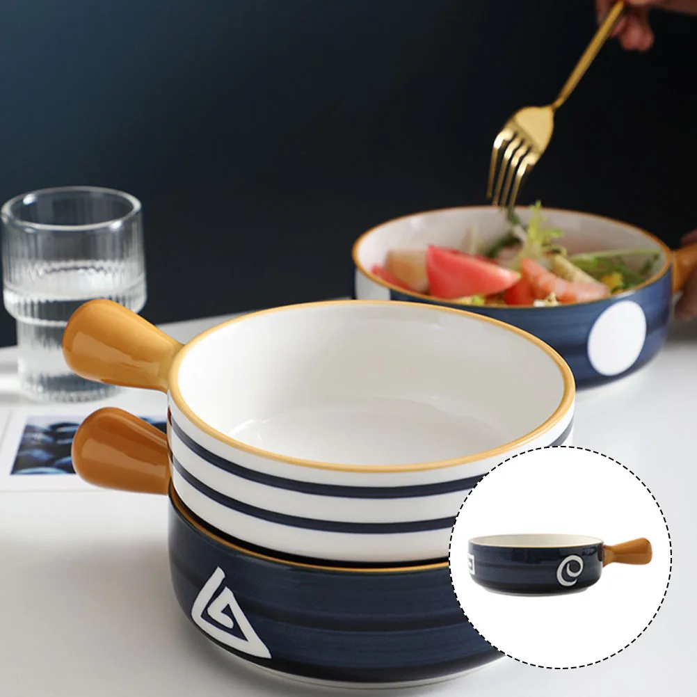 

Ceramic Baking Bowl with Handle Multiuse Round Soup Noodle Salad Dessert Food Serving Bowl for Kitchen Tableware