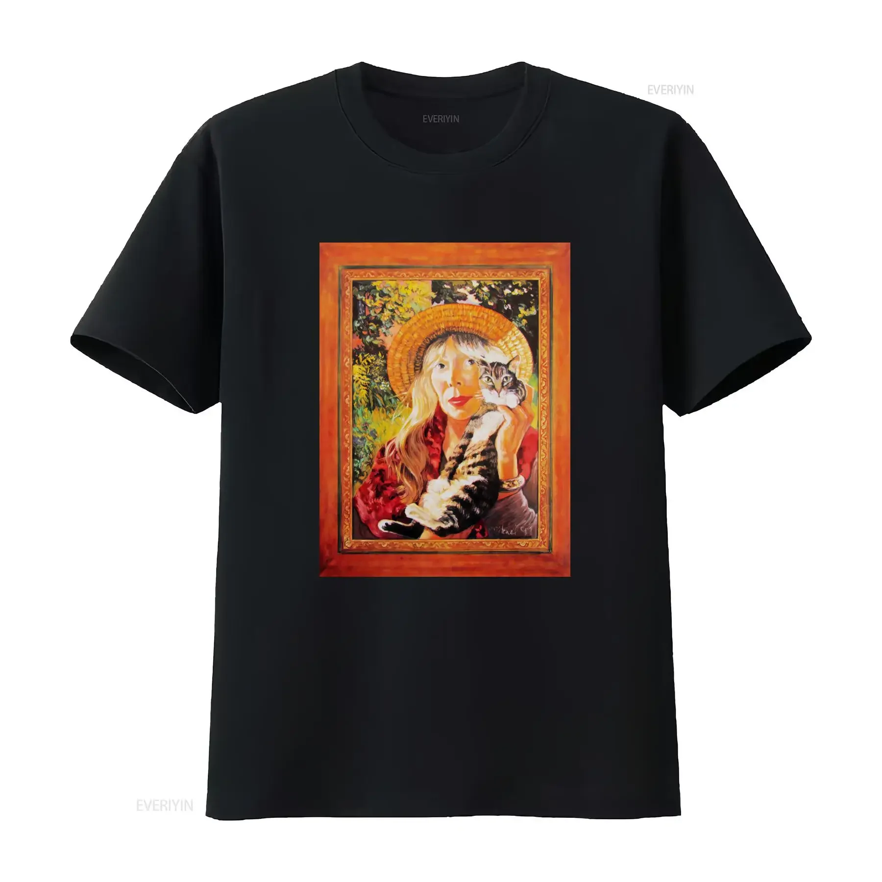 Vintage Joni Mitchell Portrait with Cat Art Print T Shirt Charcoal Color Cotton vintage Washed Breathable Unisex homme fashion
