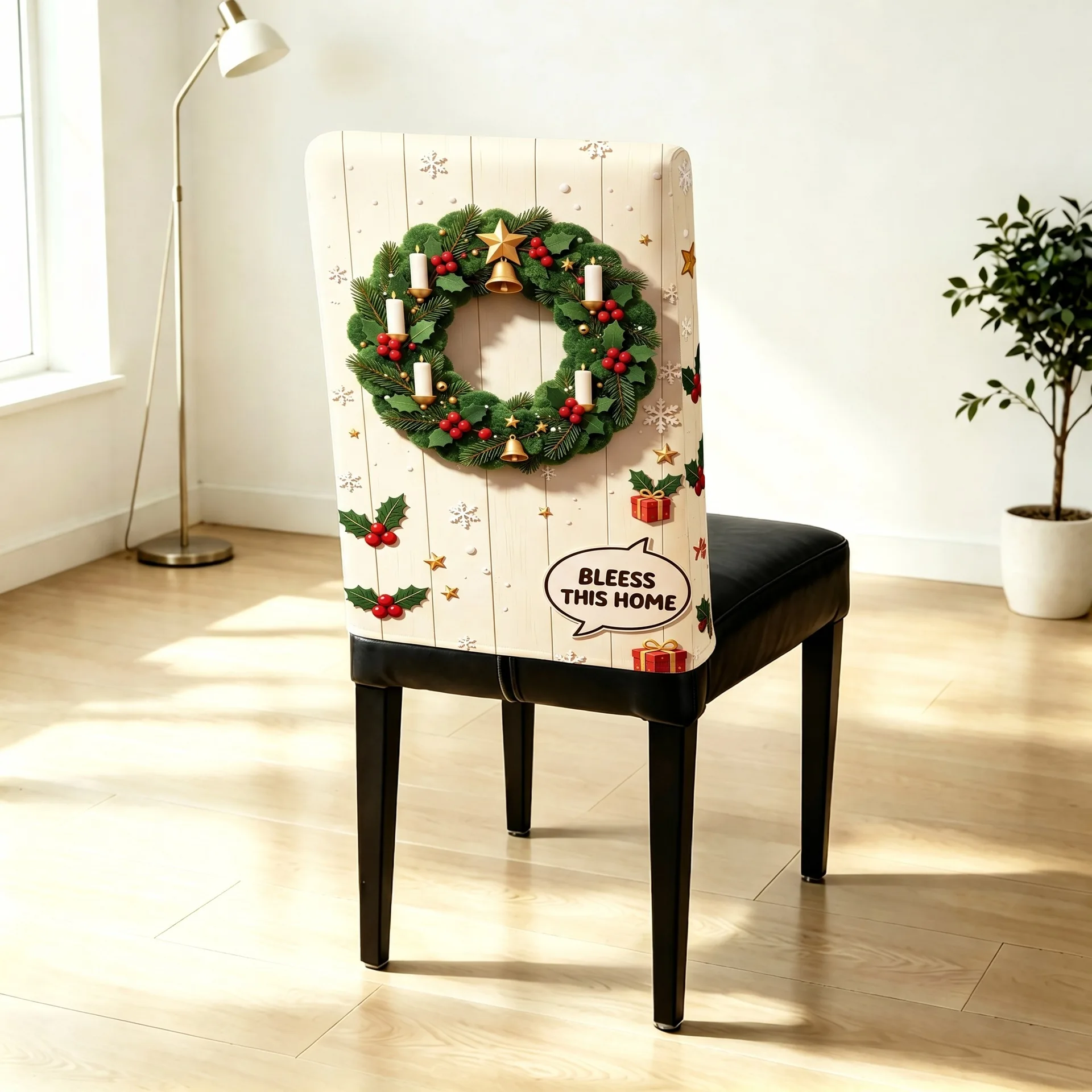 3D Christmas Wreath Rustic Wood Background Chair Covers 2/4/6 PCS Stretch Removable for Holiday Party Kitchen Home Decor