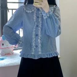 Japanese Style Sweet Lolita Blouses Women Cute Lace Ruffles Harajuku Jk Shirts Girls Kawaii Peter Pan Collar Long Sleeve Blusas