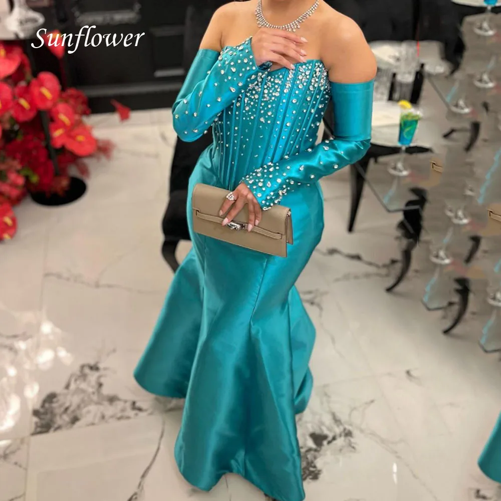 Sunflower Boat Neck Prom Gown Mermaid Long Sleeve Evening Dress Slim Beading Satin Floor-Length Party Dress 2023 High-end Custom