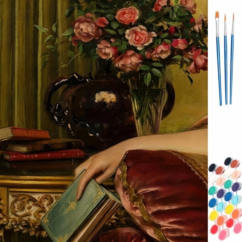 Adults Paint By Number Noble Hand with Book Rose Flower Drawing on Canvas HandPainted Art DIY Pictures By Numbers Kit