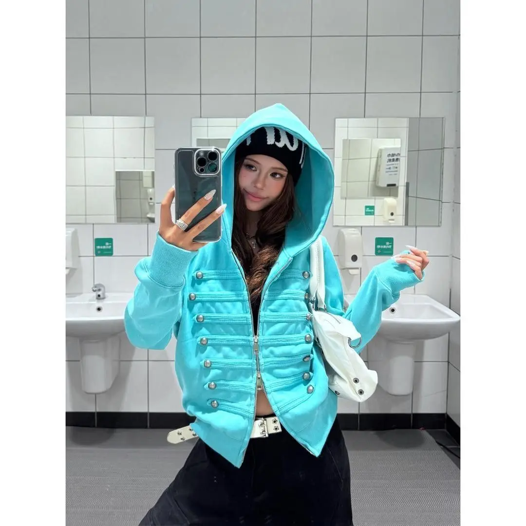 Women's Hooded Zip Up Jacket Military Double Breasted Button Cropped Short Coat Y2K Streetwear Casual Long Sleeve Tops Lake Blue