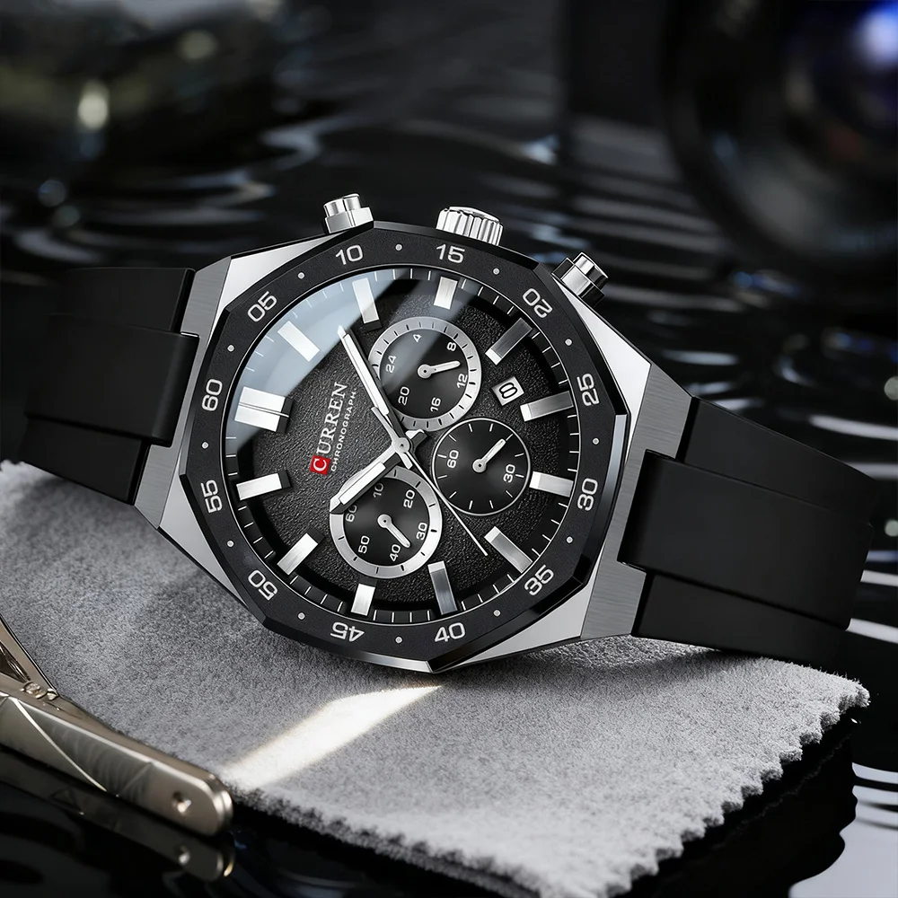 CURREN Men's Sports Chronograph Wristwatch with Black Silicone Band Auto Date Luminous Hands 82g Light Quartz Watch for Men