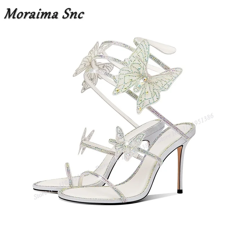 Moraima Snc Crystal Twine Butterfly Sandals Shoes for Women Open Toe Slip on Stilettos High Heels Cut Out Wedding Shoes on Heels