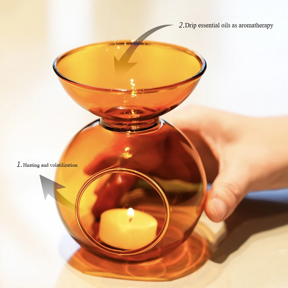 Vintage Amber Glass Tealight Candle Holder Essential Oil Burner Aromatherapy Lamp Romantic Home Wedding Decoration