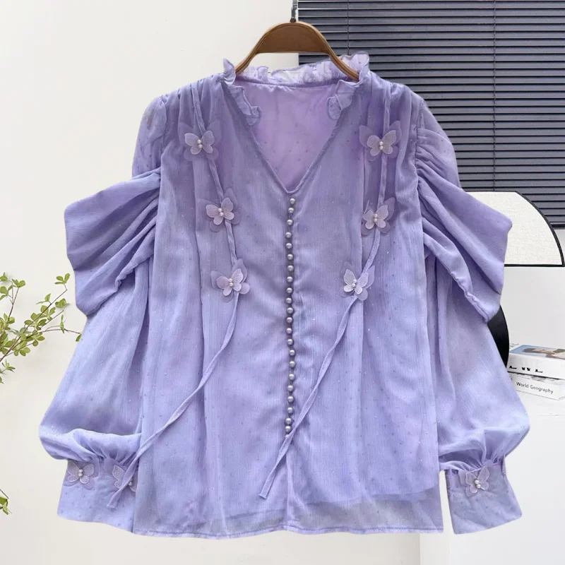 ใหม่,เกาหลี,สไตล์,Pullover,เสื้อ,เก๋,เซ็กซี่,คอวี,Patchwork,ผีเสื้อสามมิติ,ประดับด้วยลูกปัด,ผู้หญิง,แขนยาว,เสื้อ,571603