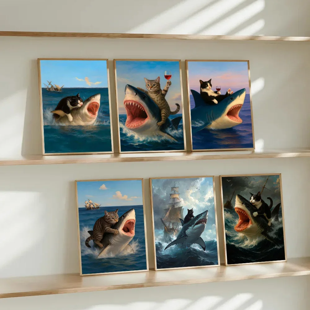 Multiple sizes 1pc frameless Canvas Painting,Funny Quirky Cat And Shark Wall Art Painting On Canvas Prints Cute Cat Ride Shark H