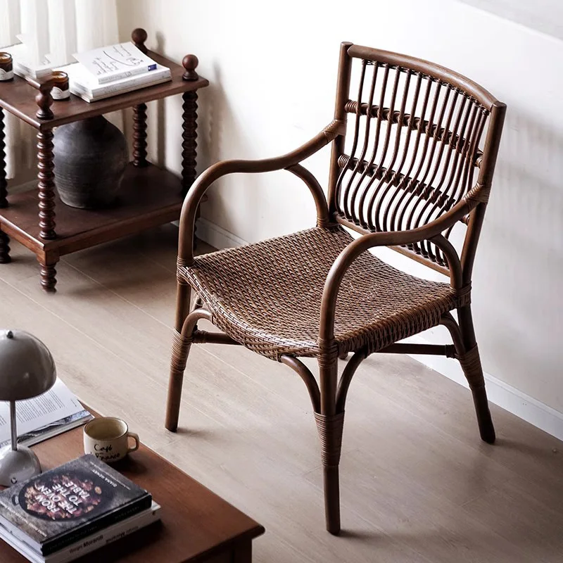Single rattan retro natural handmade rattan dining home balcony leisure chair B & B cafe back chair