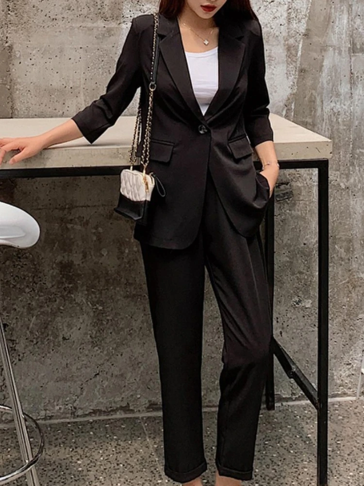 Women\'s Spring Summer Casual Office Suit Solid Color Blazer Pantsuits Button Jacket And Straight Pant 2 Piece Set Female Outfits