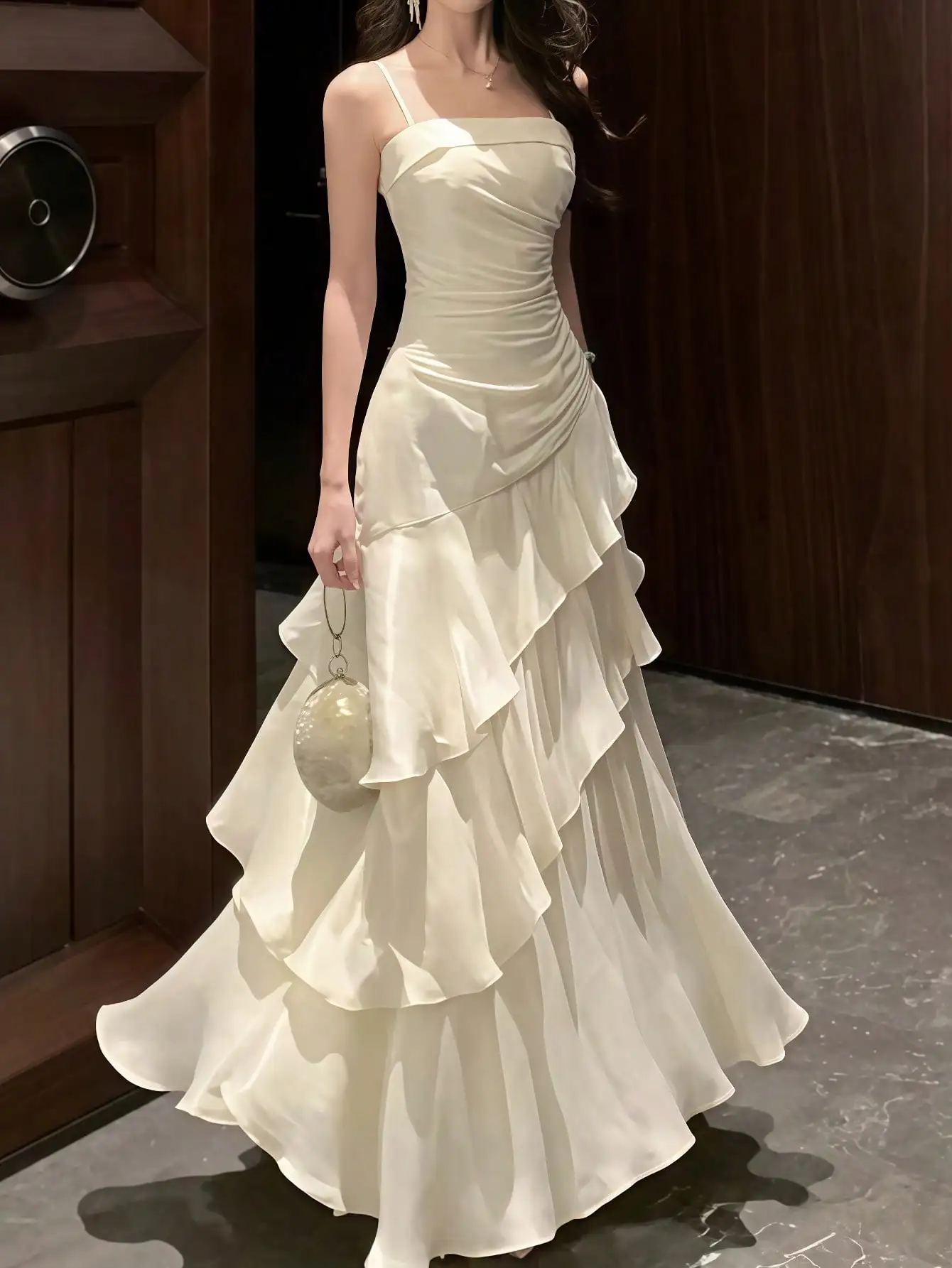 

Elegant Apricot Ruffle Maxi Dress for Prom Wedding Guest Evening Party
