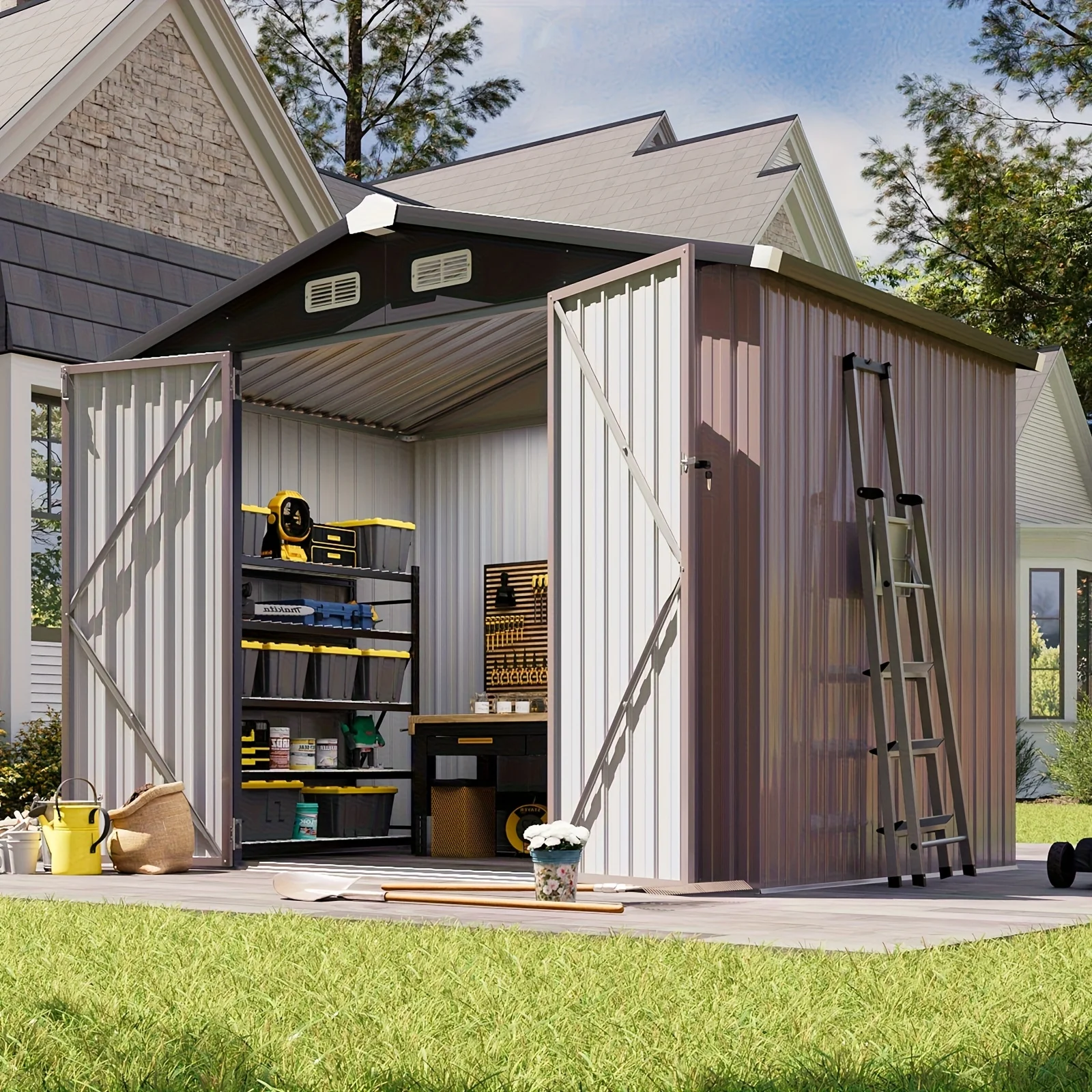 

[Metal Storage Shed] 8X6 FT Metal Storage Shed - Outdoor Garden Shed Kit, Lockable Tool Shed, Backyard Shed with Double Hinged Doors, Carport for Car, Truck, Bike And Lawn Mower & Equipment, Brown