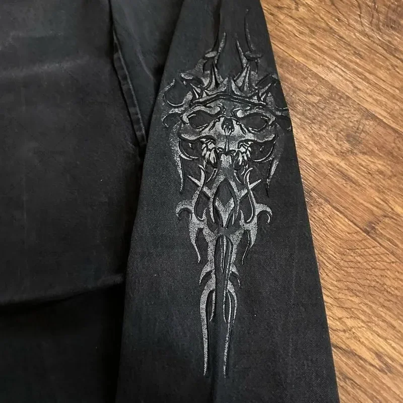 ملابس شارع هاراجوكو داكنة بانك تصميم شوكة بيضاء سراويل مستقيمة فضفاضة على الموضة الأمريكية جينز كبير الحجم للجنسين