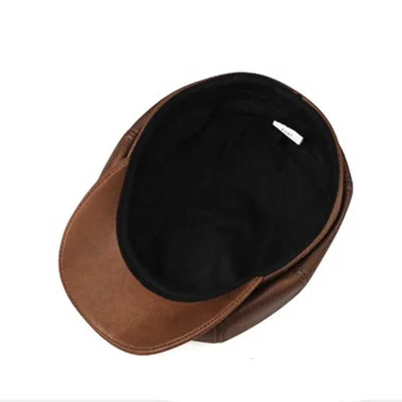 Retro Brown Hats Men Spring/Winter 100% Real Leather Warm Cap Male Beret Painter Boina Cowhide Octagonal Casquette High Quality