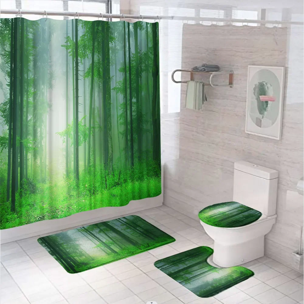 Woodland Birch Tree Shower Curtain Set Autumn Forest Nature Outdoor Scenery Bathroom Curtains Non-Slip Bath Mat Rug Toilet Cover