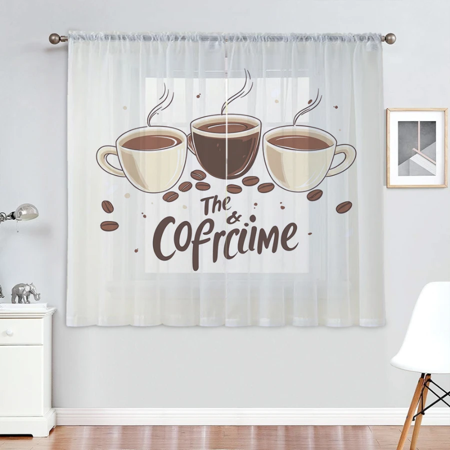 2PCS Digital Print Sheer Curtain, Three Cups Coffee, Modern Minimalist Window Curtains for Living Room Bedroom Home Decor
