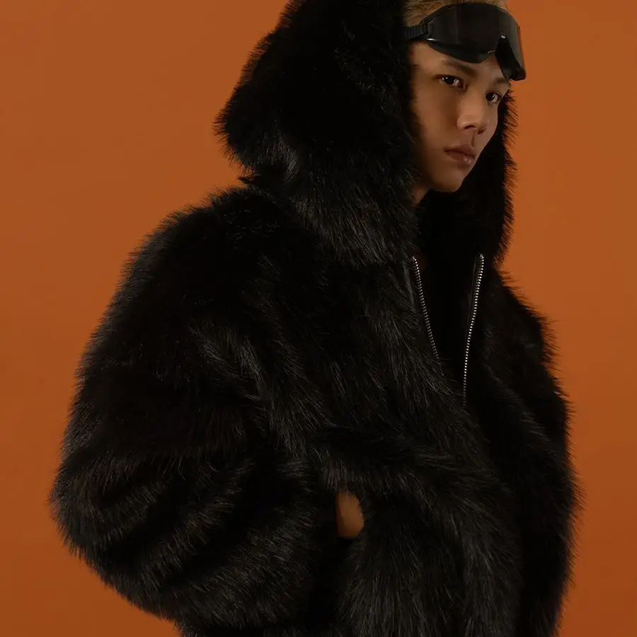 سترة رجالية شتوية دافئة من الفرو الصناعي بغطاء للرأس معطف فرو مقاوم للرياح سترة حرارية سميكة معطف عصري فاخر ملابس خارجية #4