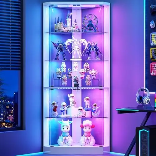 5-Tiers Corner Display Cabinet with RGB Lights for Collectibles, White | 69