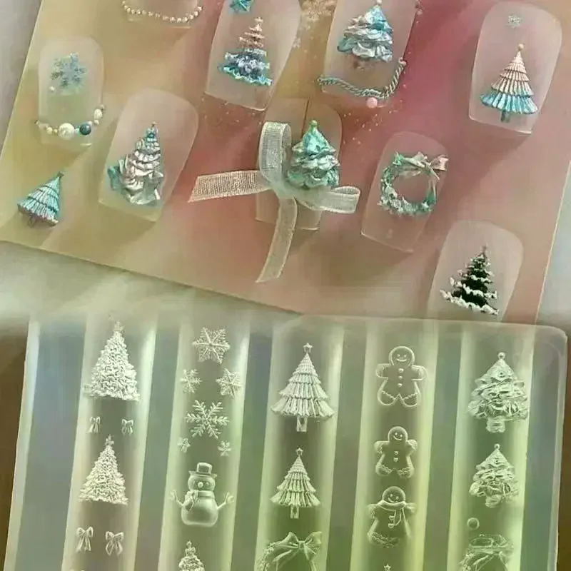 Christmas Snowman Christmas Tree 3d Nail Mold Elk Gingerbread Man Nail Decorations Diy Design Silicone Manicure Mold Nail Art