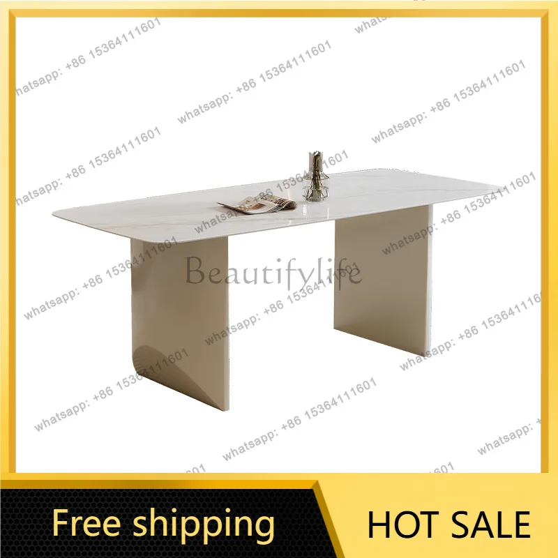 Slate dining table Cream style white simple household small apartment rectangular dining table
