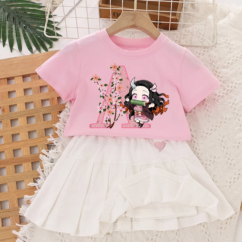 

Demon Slayer Girl Short Sleeved Pleated Skirt Set Kids Nezuko Letter Print T-shirt Skirt 2pcs Suit Baby Tees Children Clothes