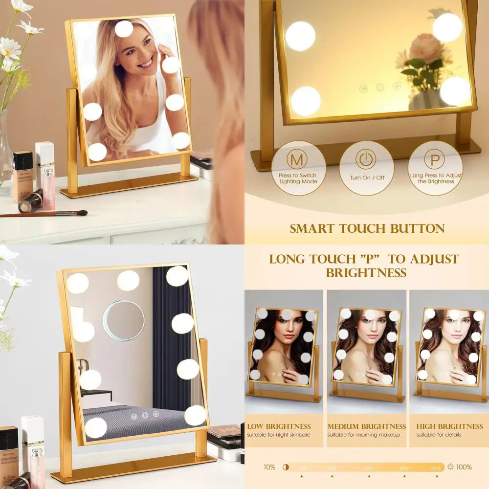 Beleuchteter Hollywood-Kosmetikspiegel mit 9 LED-Leuchten, Touch-Steuerung, 3 Farboptionen, 10-facher Vergrößerung und 360 °   Rotation in G