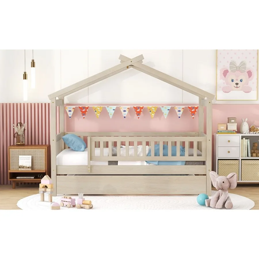 Twin Size Wooden House Bed with Twin Size Trundle Natural