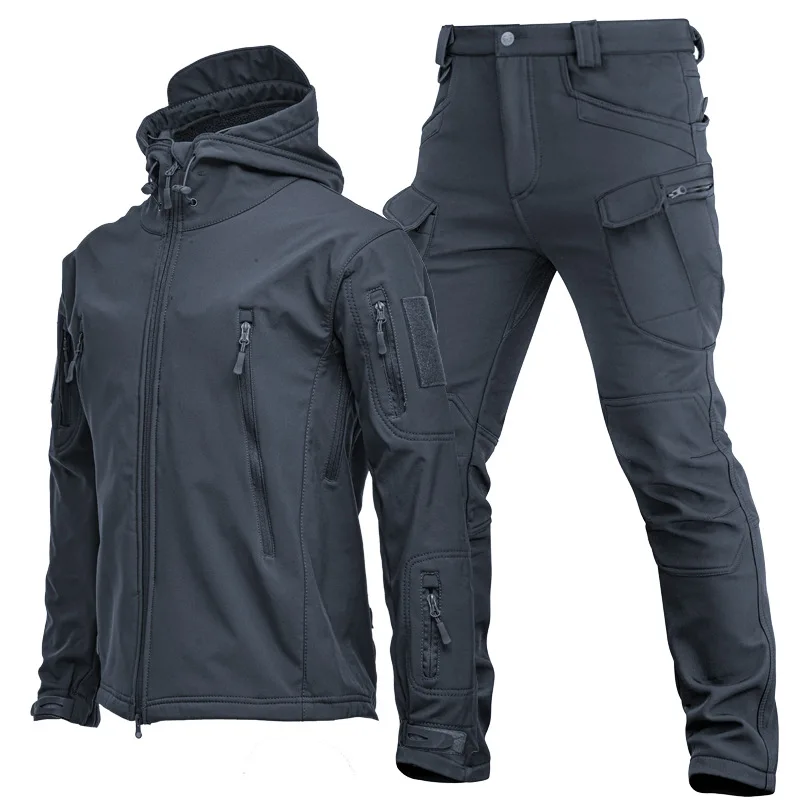 Mens Outdoor Shark Skin Softshell Jacket Set Spring Autumn Winter Military Windproof Breathable Fleece Lined