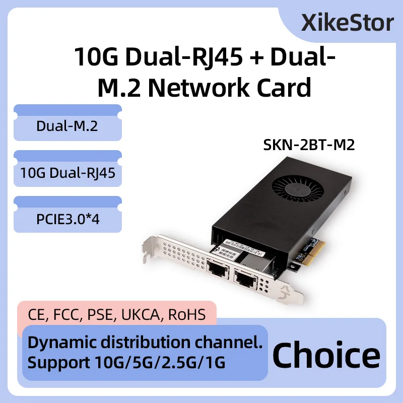 XikeStor PCIE3.0*4 Port 10G Dual RJ45 Port Dual M.2 Mixed Type Network Card Automatic Channel Allocation Support NAS