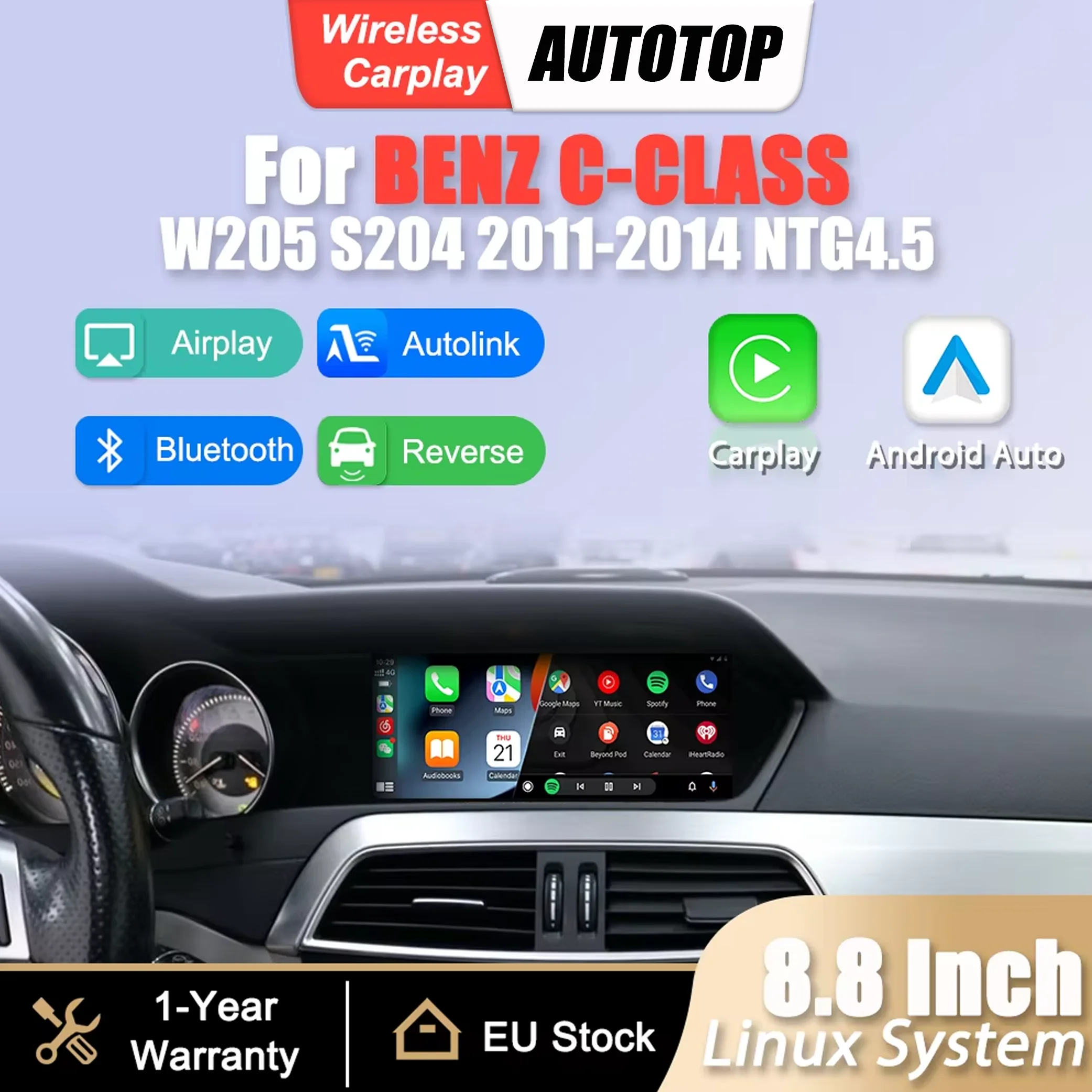 Schermo multimediale Linux da 8,8 pollici Wireless CarPlay Android Auto per Mercedes-Benz Classe C W204 S204 2011 2012 2013 2014 NTG4.5 Navigazione GPS BT Autoradio
